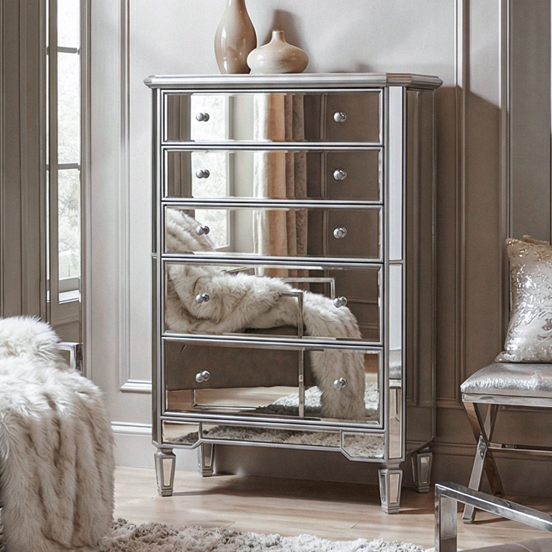 5 Drawer Cabinet 33 In. X 16 In. X 49 In. In Silver Paint Hand Rubbed Antique Silver Finish - FURNITURE by Joshua Marshal