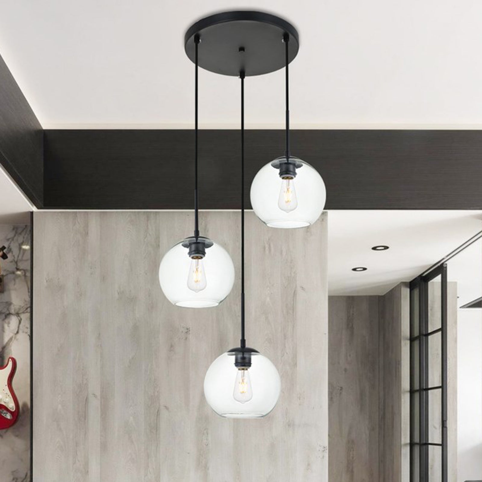 3 Lights Black Pendant With Clear Glass Black & Clear Finish - LIGHTING by Joshua Marshal