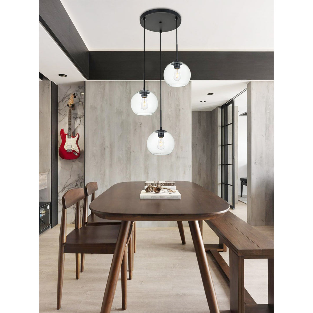 3 Lights Black Pendant With Clear Glass - View 2 - Joshua Marshal