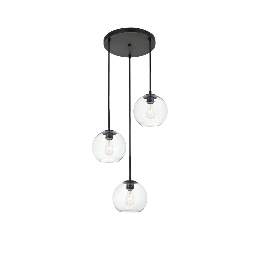 3 Lights Black Pendant With Clear Glass - View 3 - Joshua Marshal