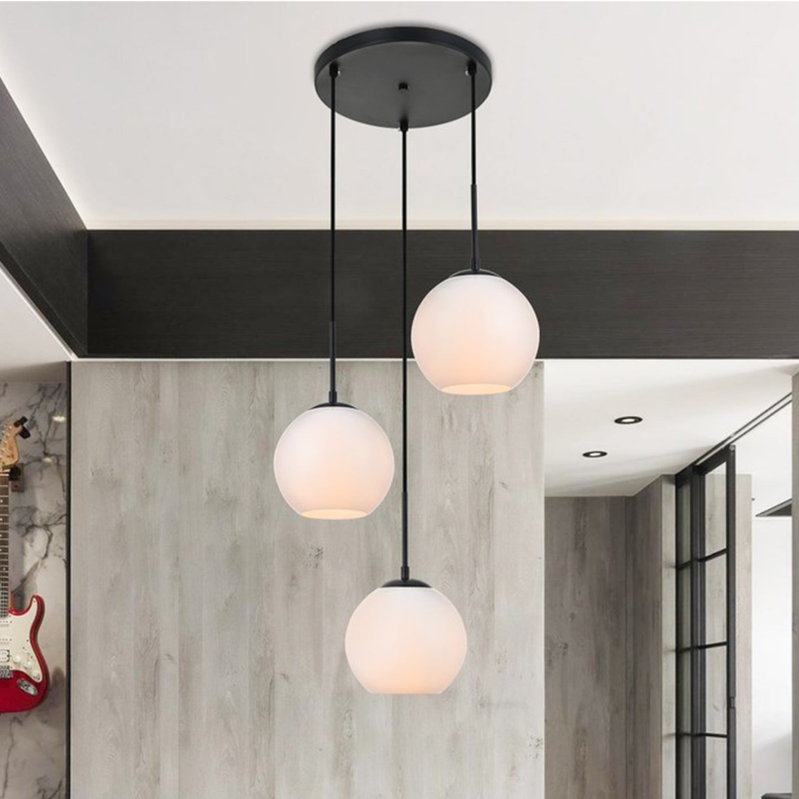 3 Lights Black Pendant With Frosted White Glass Black & Frosted White Finish - LIGHTING by Joshua Marshal