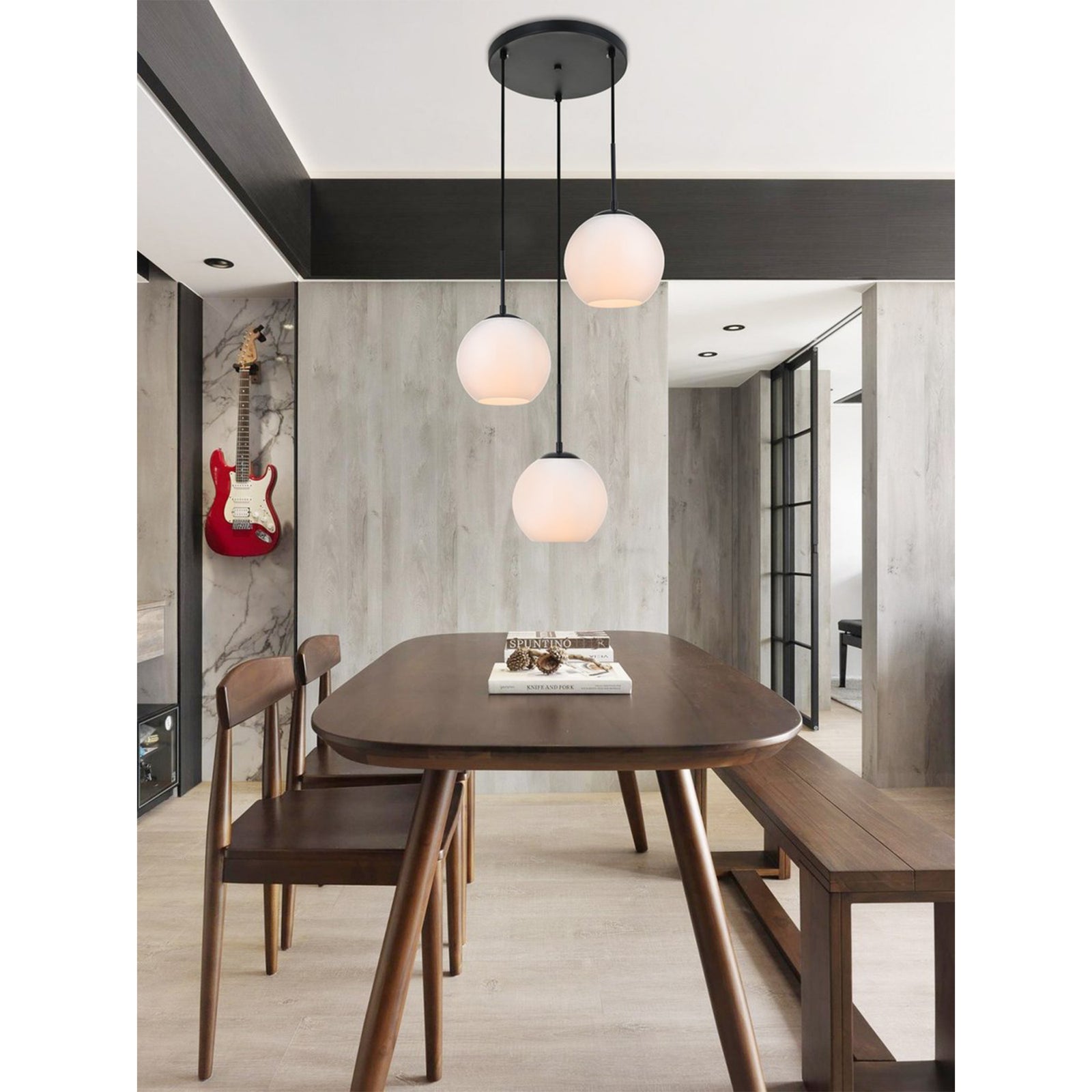 3 Lights Black Pendant With Frosted White Glass - View 2 - Joshua Marshal
