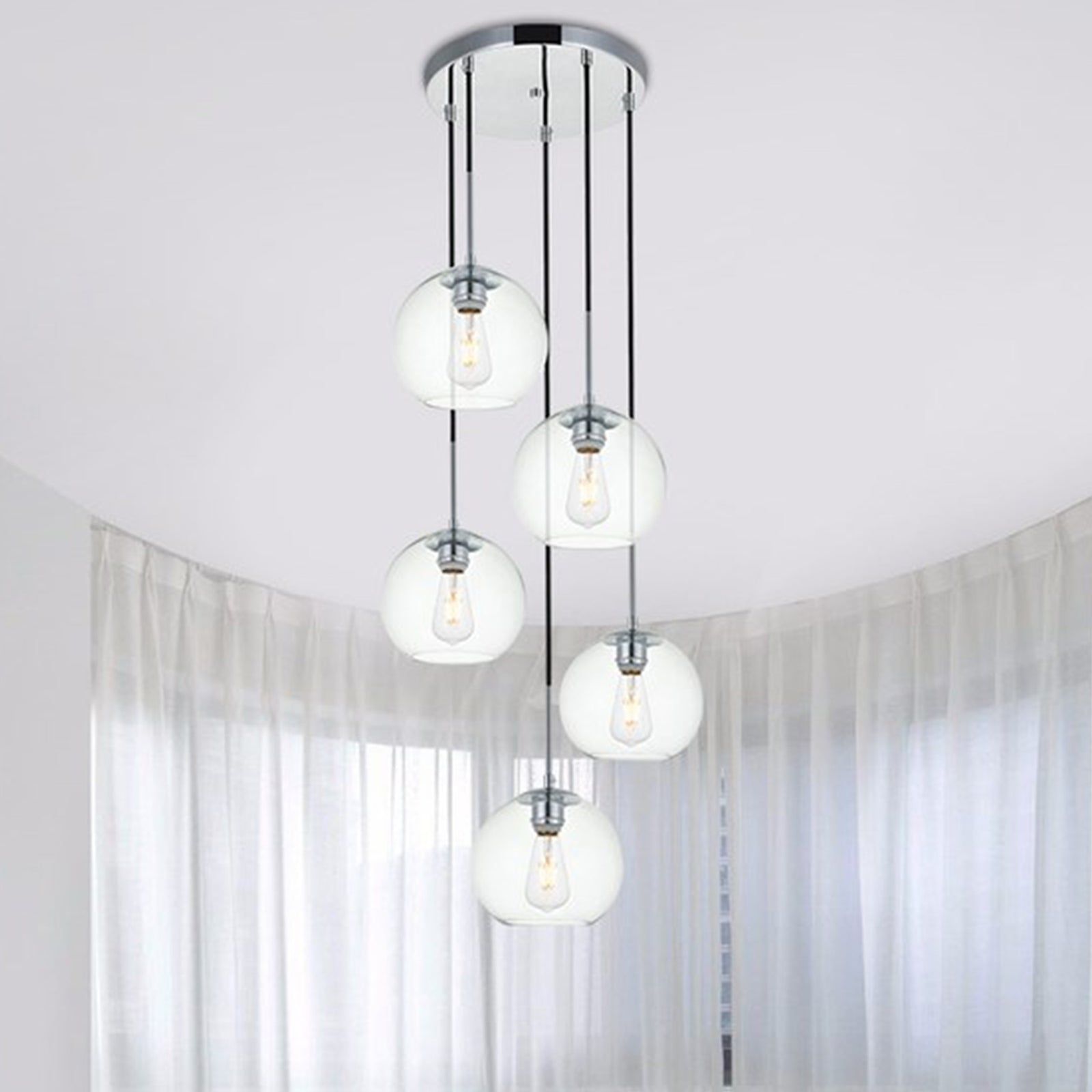 5 Lights Chrome Pendant With Clear Glass Chrome & Clear Finish - LIGHTING by Joshua Marshal