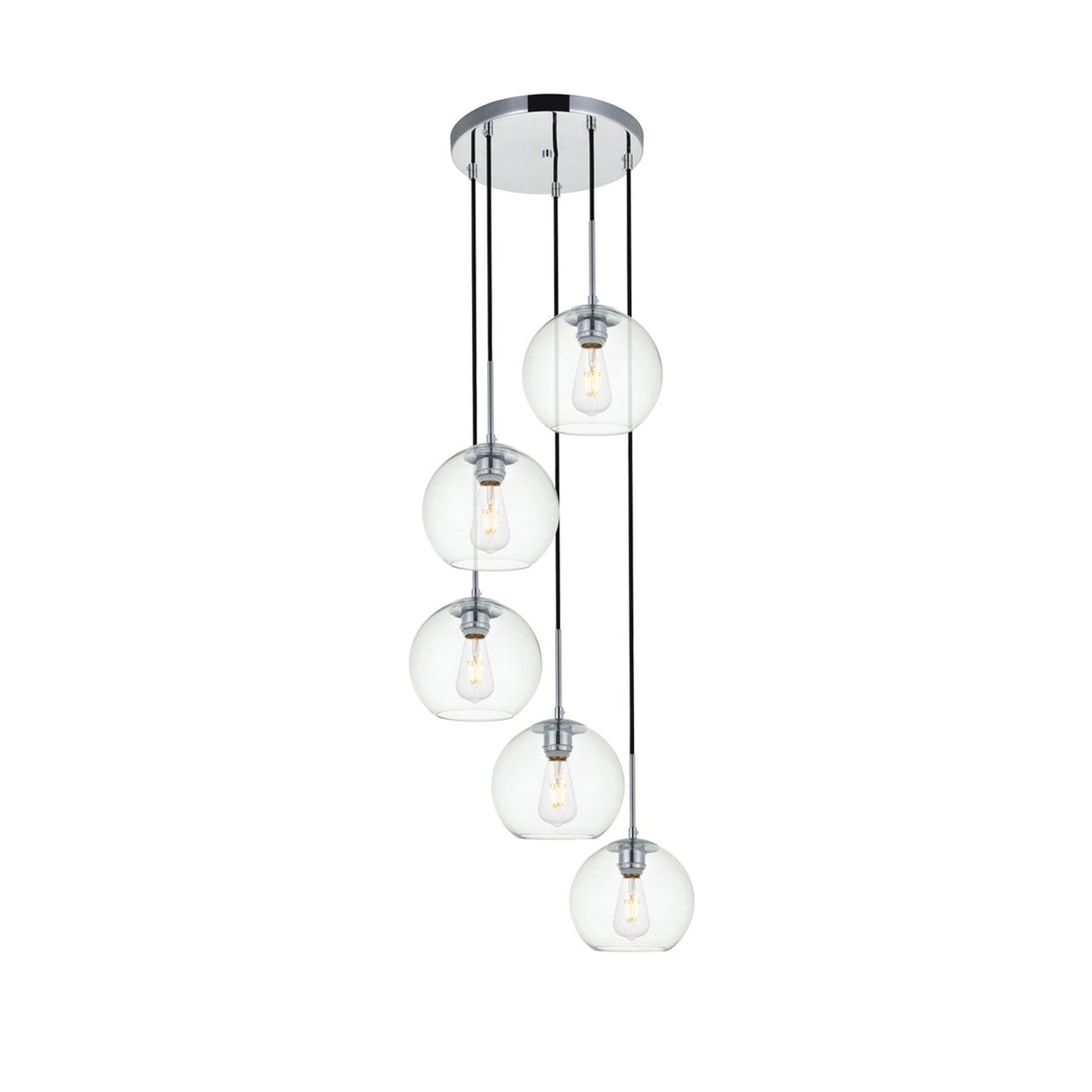 5 Lights Chrome Pendant With Clear Glass - View 3 - Joshua Marshal