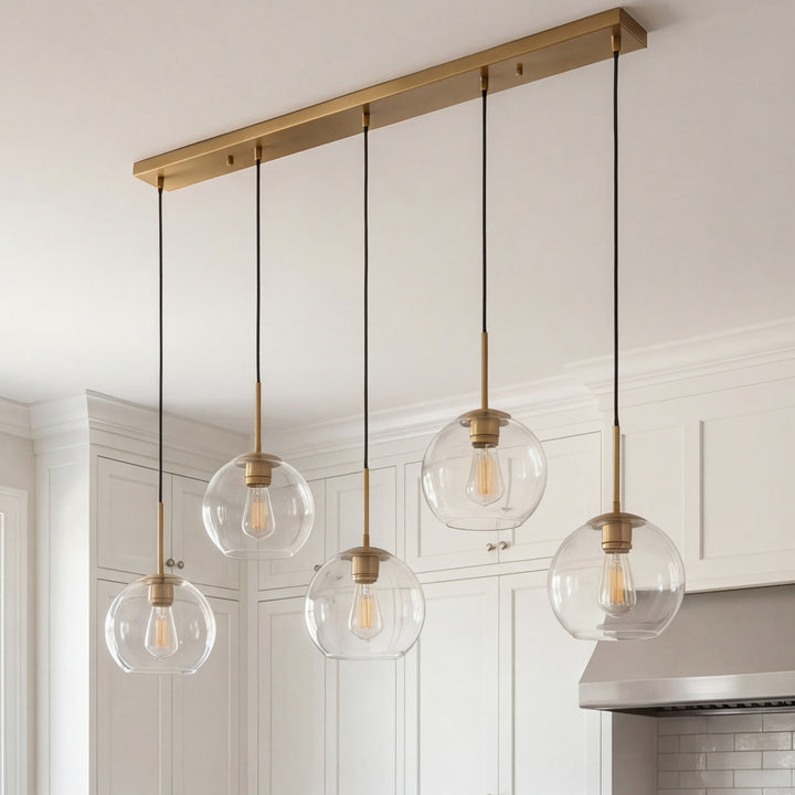 5 Lights Brass Pendant With Clear Glass Brass & Clear Finish - LIGHTING by Joshua Marshal