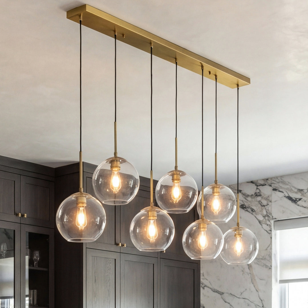 7 Lights Brass Pendant With Clear Glass Brass & Clear Finish - LIGHTING by Joshua Marshal