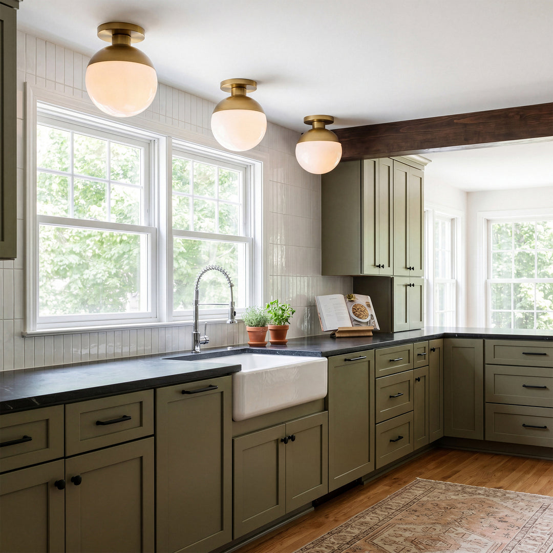 1 Light Brass Flush Mount With Frosted White Glass - View 2 - Joshua Marshal