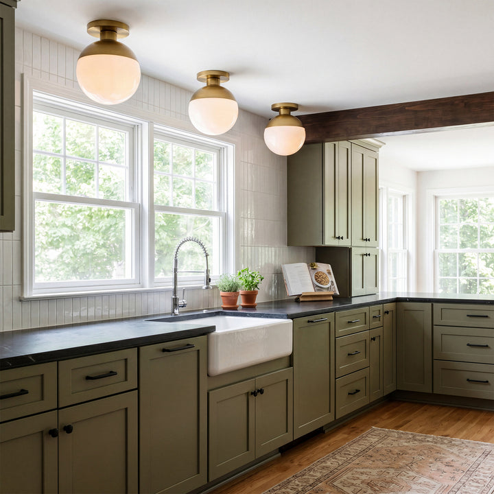 1 Light Brass Flush Mount With Frosted White Glass - View 2 - Joshua Marshal