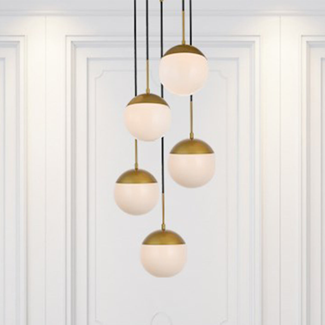 5 Lights Brass Pendant With Frosted White Glass Brass & Frosted White Finish - LIGHTING by Joshua Marshal