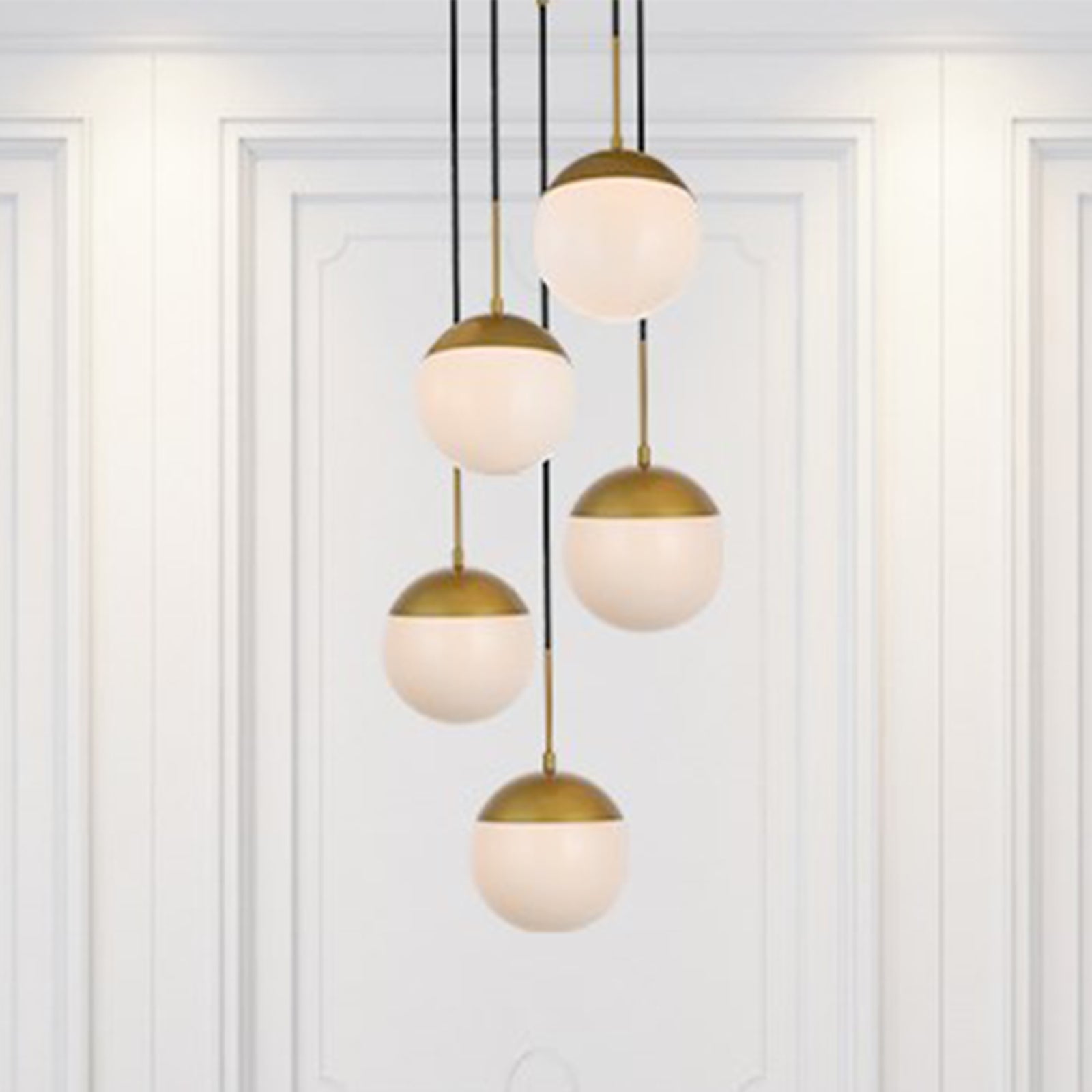 5 Lights Brass Pendant With Frosted White Glass Brass & Frosted White Finish - LIGHTING by Joshua Marshal