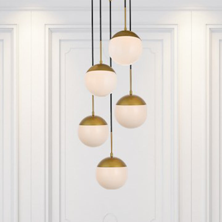 5 Lights Brass Pendant With Frosted White Glass Brass & Frosted White Finish - LIGHTING by Joshua Marshal