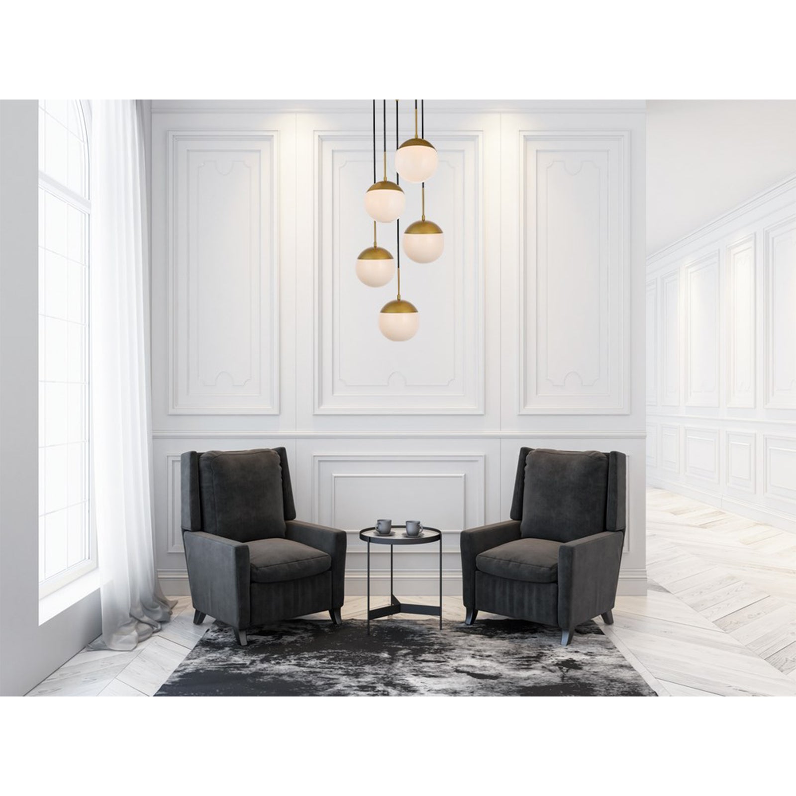 5 Lights Brass Pendant With Frosted White Glass - View 2 - Joshua Marshal