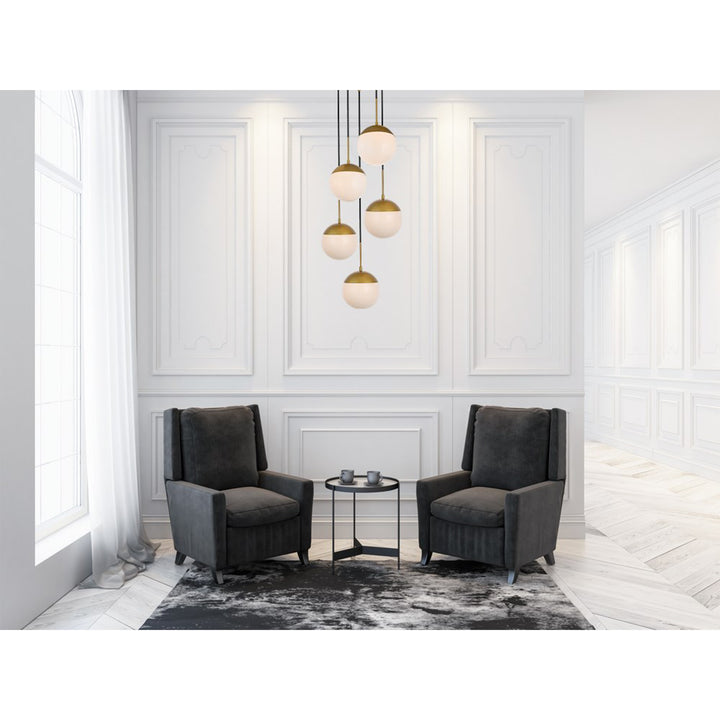 5 Lights Brass Pendant With Frosted White Glass - View 2 - Joshua Marshal