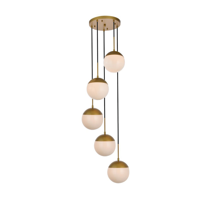 5 Lights Brass Pendant With Frosted White Glass - View 3 - Joshua Marshal
