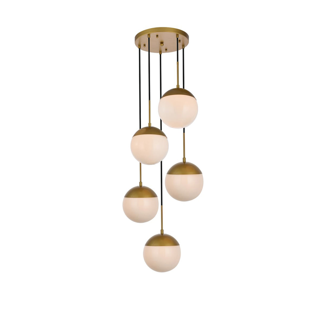5 Lights Brass Pendant With Frosted White Glass - View 4 - Joshua Marshal