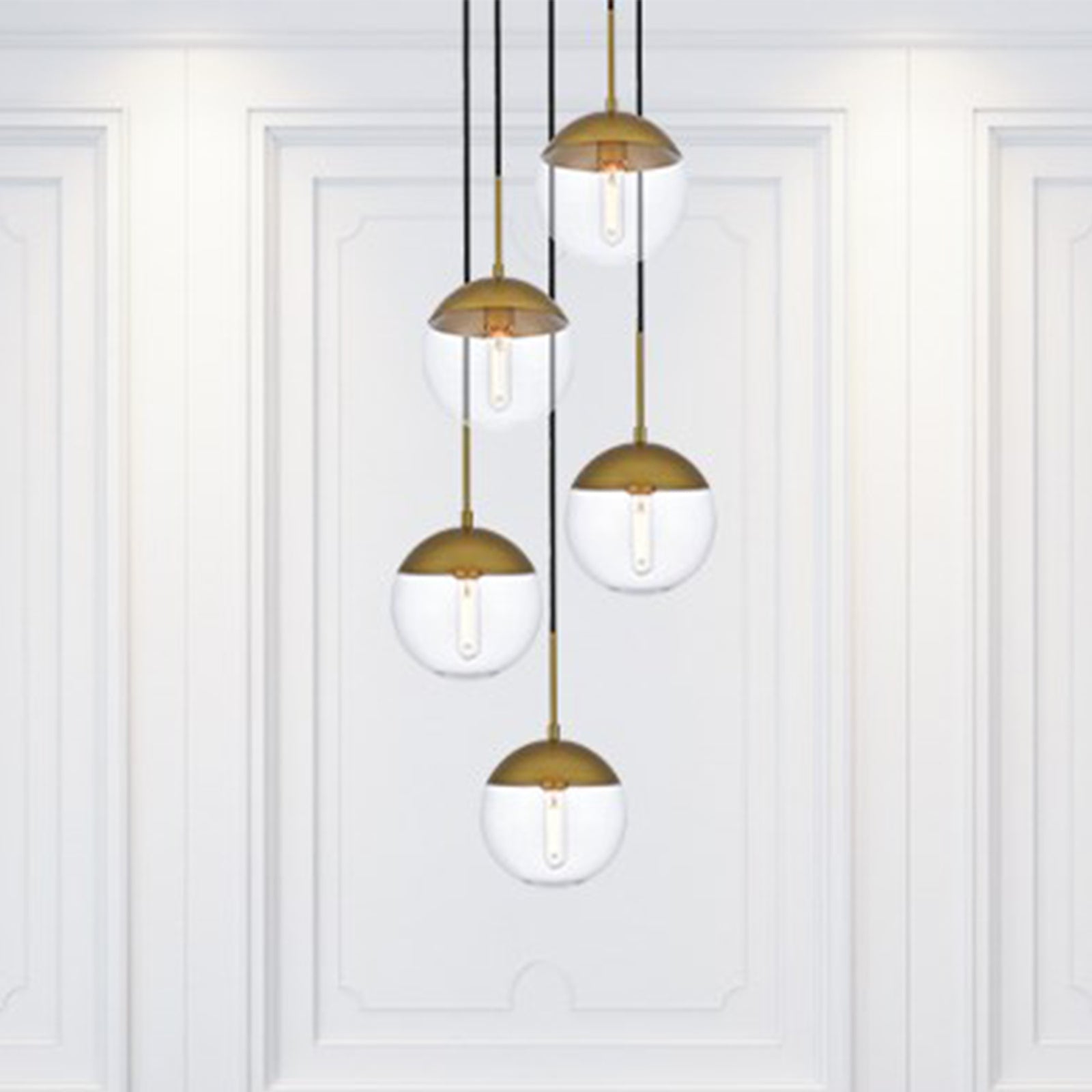 5 Lights Brass Pendant With Clear Glass Brass & Clear Finish - LIGHTING by Joshua Marshal