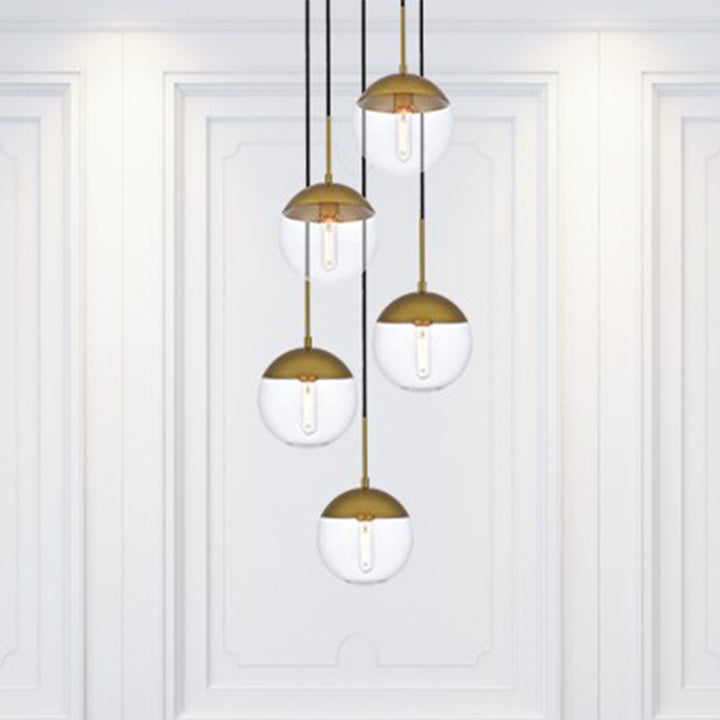 5 Lights Brass Pendant With Clear Glass Brass & Clear Finish - LIGHTING by Joshua Marshal