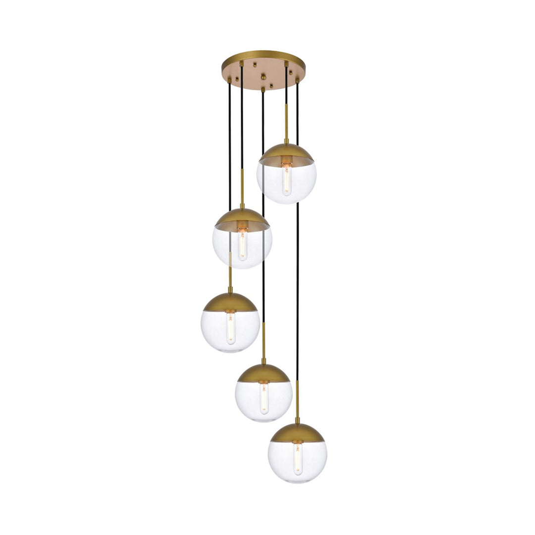 5 Lights Brass Pendant With Clear Glass - View 3 - Joshua Marshal