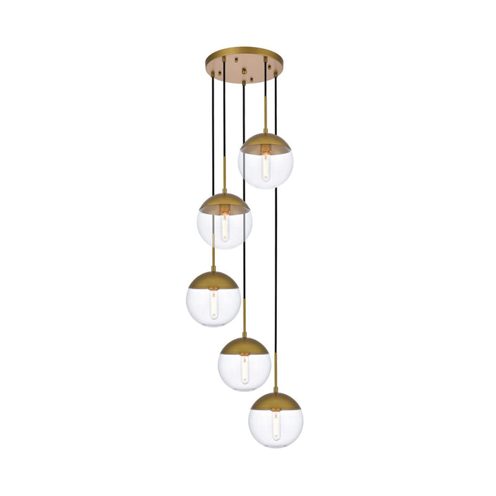 5 Lights Brass Pendant With Clear Glass - View 3 - Joshua Marshal