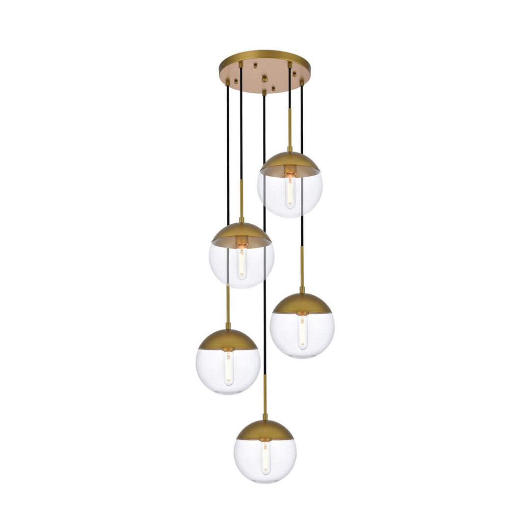 5 Lights Brass Pendant With Clear Glass - View 4 - Joshua Marshal