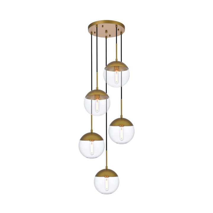 5 Lights Brass Pendant With Clear Glass - View 4 - Joshua Marshal
