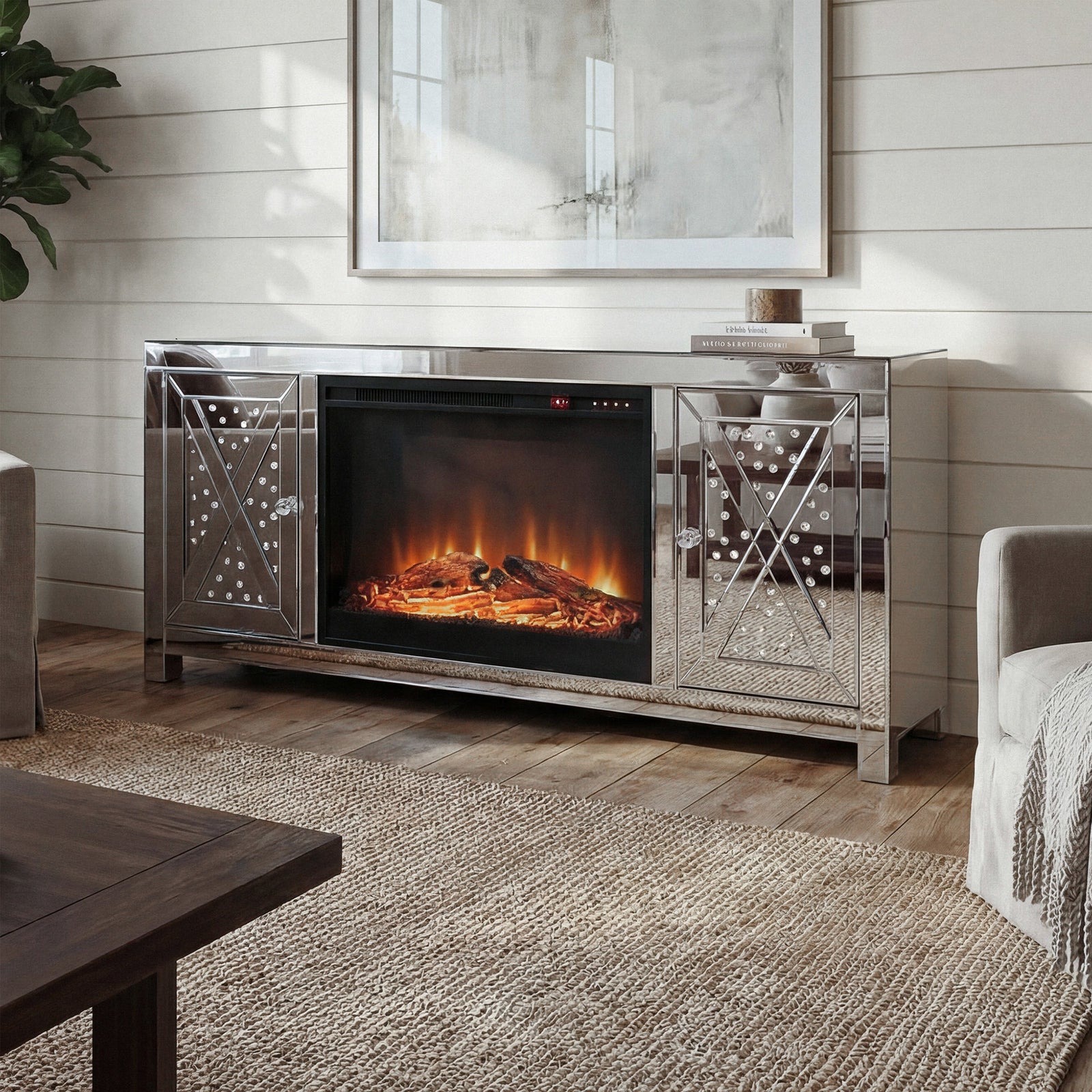 59 In. Crystal Mirrored Tv Stand With Wood Log Insert Fireplace Clear Finish - FURNITURE by Joshua Marshal