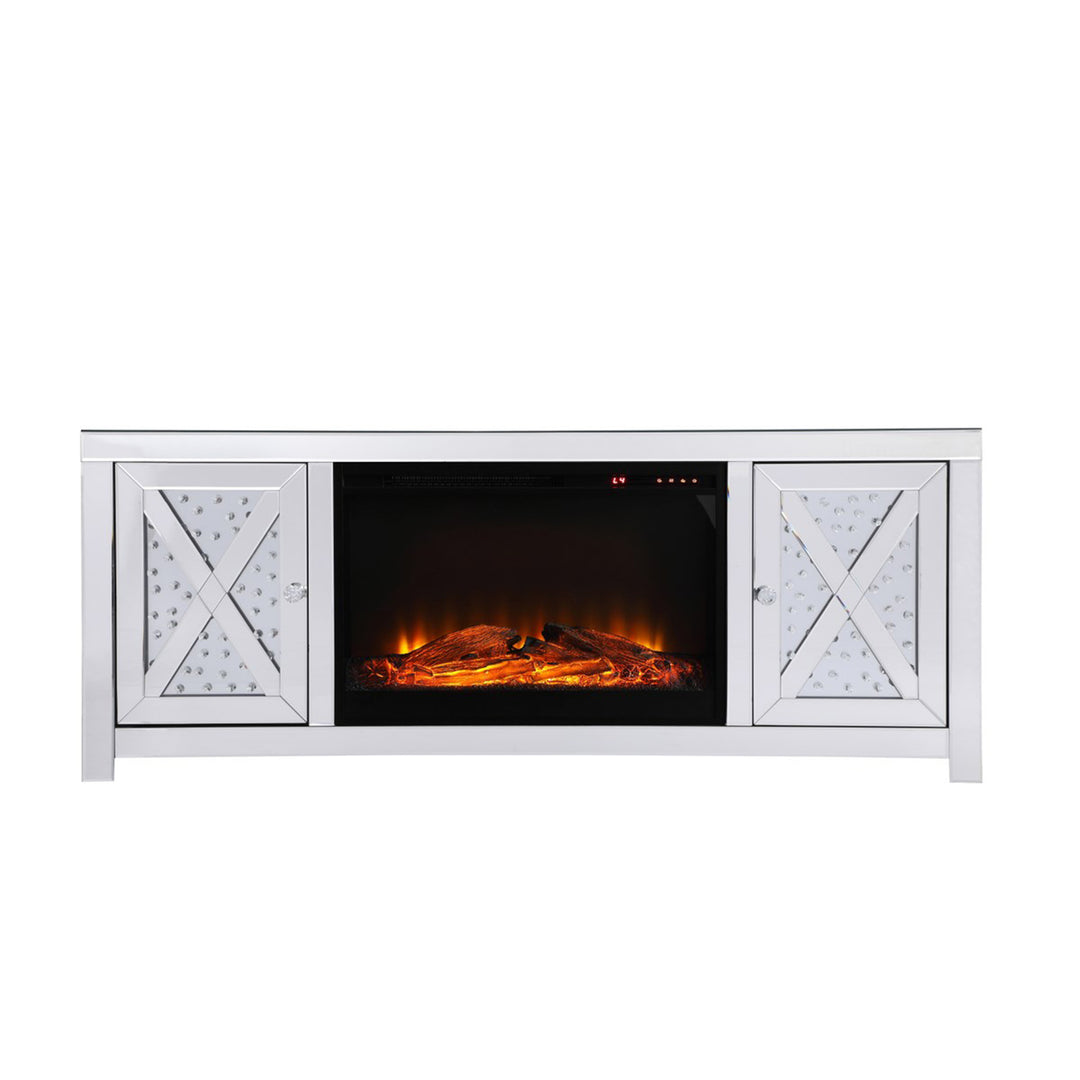 59 In. Crystal Mirrored Tv Stand With Wood Log Insert Fireplace - View 3 - Joshua Marshal