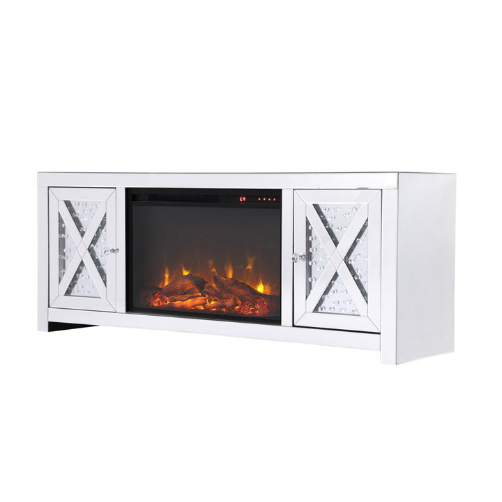 59 In. Crystal Mirrored Tv Stand With Wood Log Insert Fireplace - View 4 - Joshua Marshal
