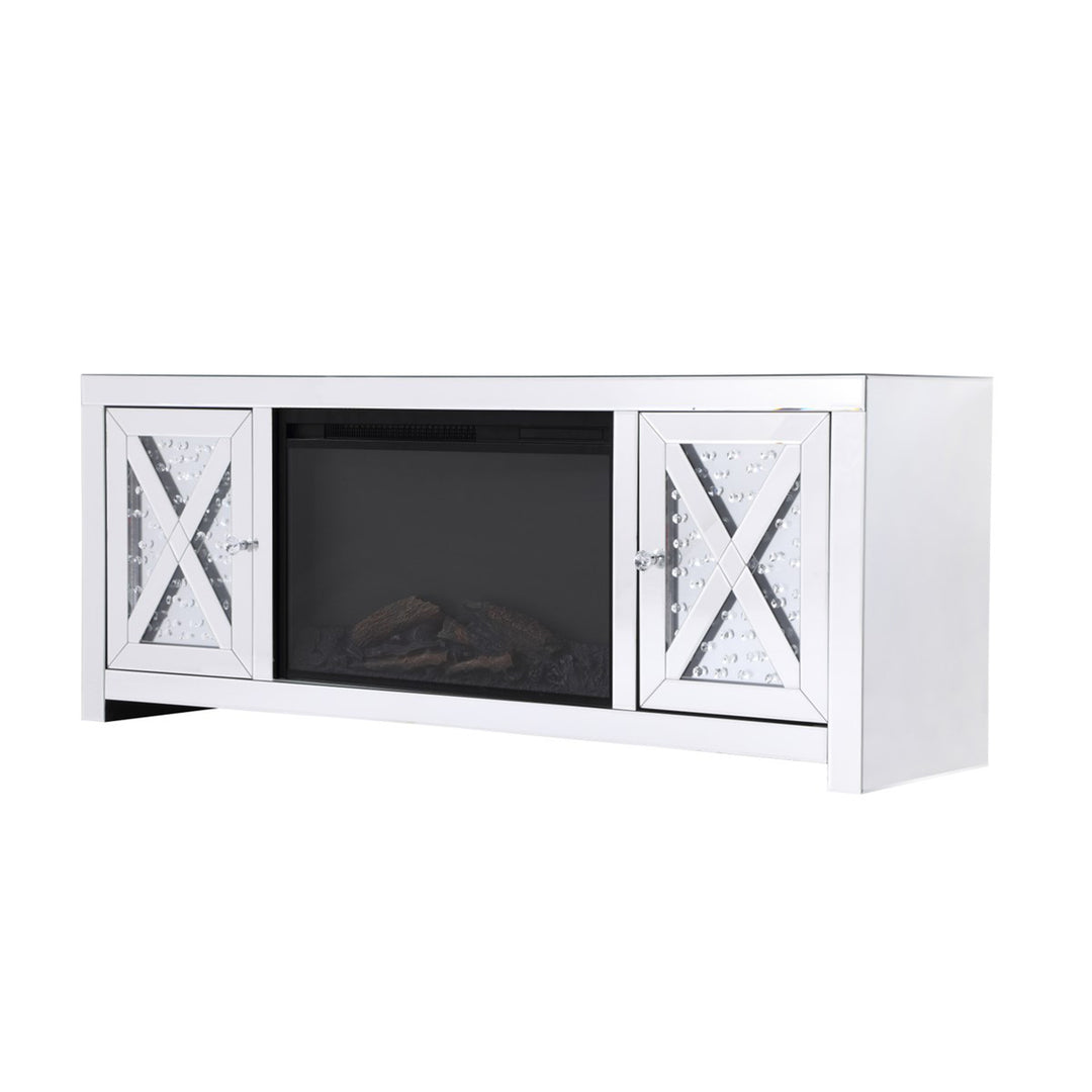 59 In. Crystal Mirrored Tv Stand With Wood Log Insert Fireplace - View 5 - Joshua Marshal