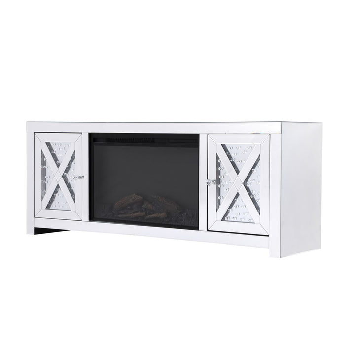 59 In. Crystal Mirrored Tv Stand With Wood Log Insert Fireplace - View 5 - Joshua Marshal