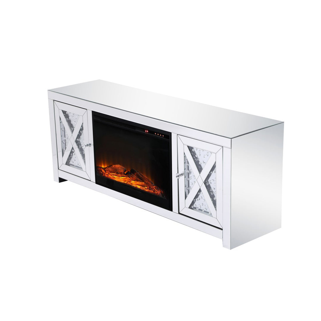 59 In. Crystal Mirrored Tv Stand With Wood Log Insert Fireplace - View 6 - Joshua Marshal