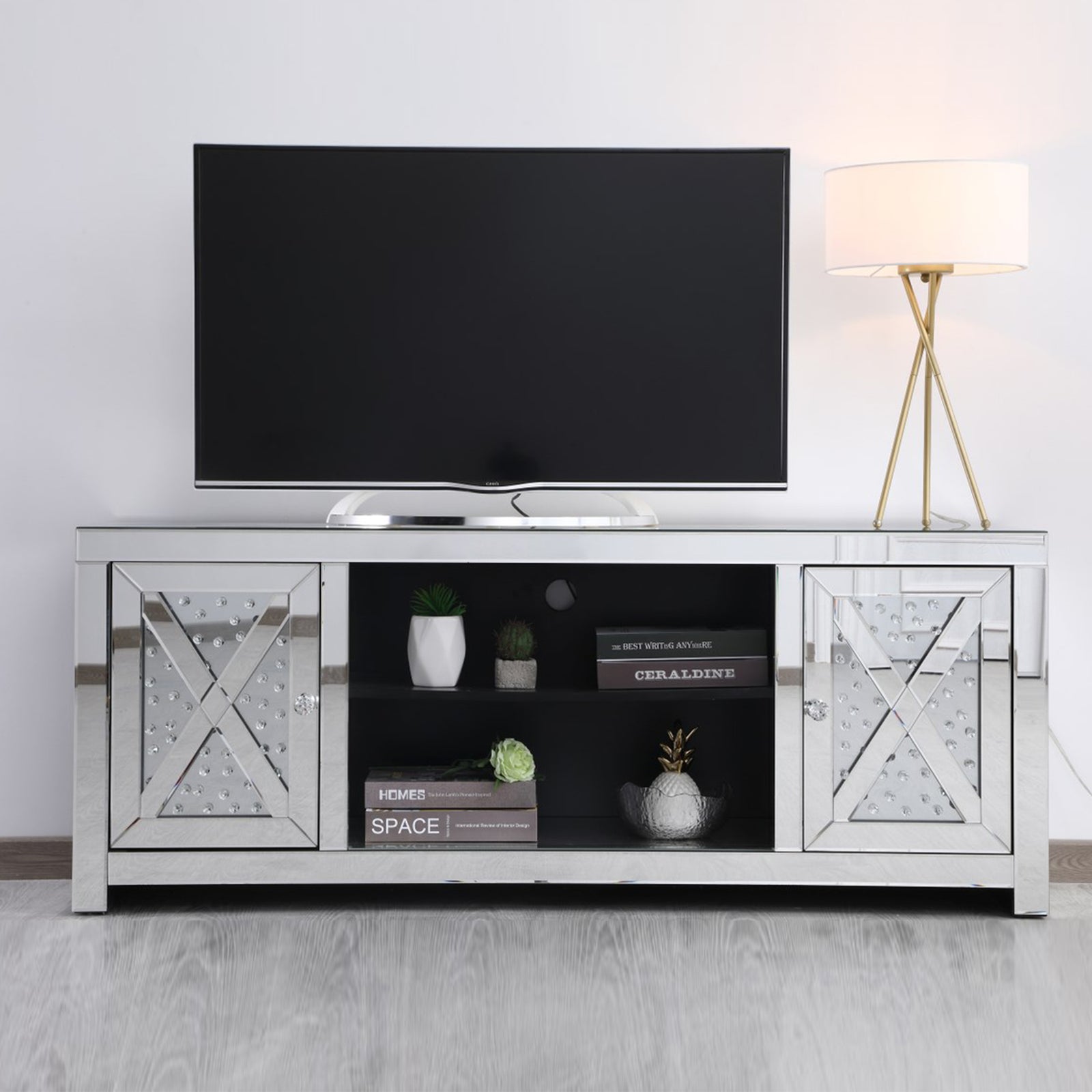 59 In. Crystal Mirrored Tv Stand Clear Finish - FURNITURE by Joshua Marshal