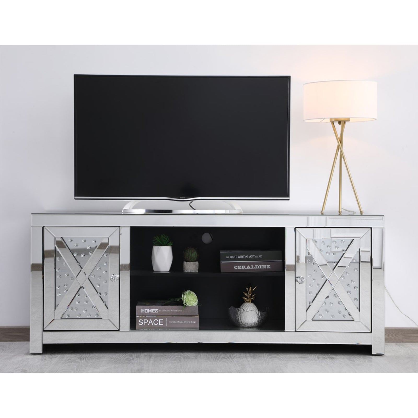 59 In. Crystal Mirrored Tv Stand - View 2 - Joshua Marshal