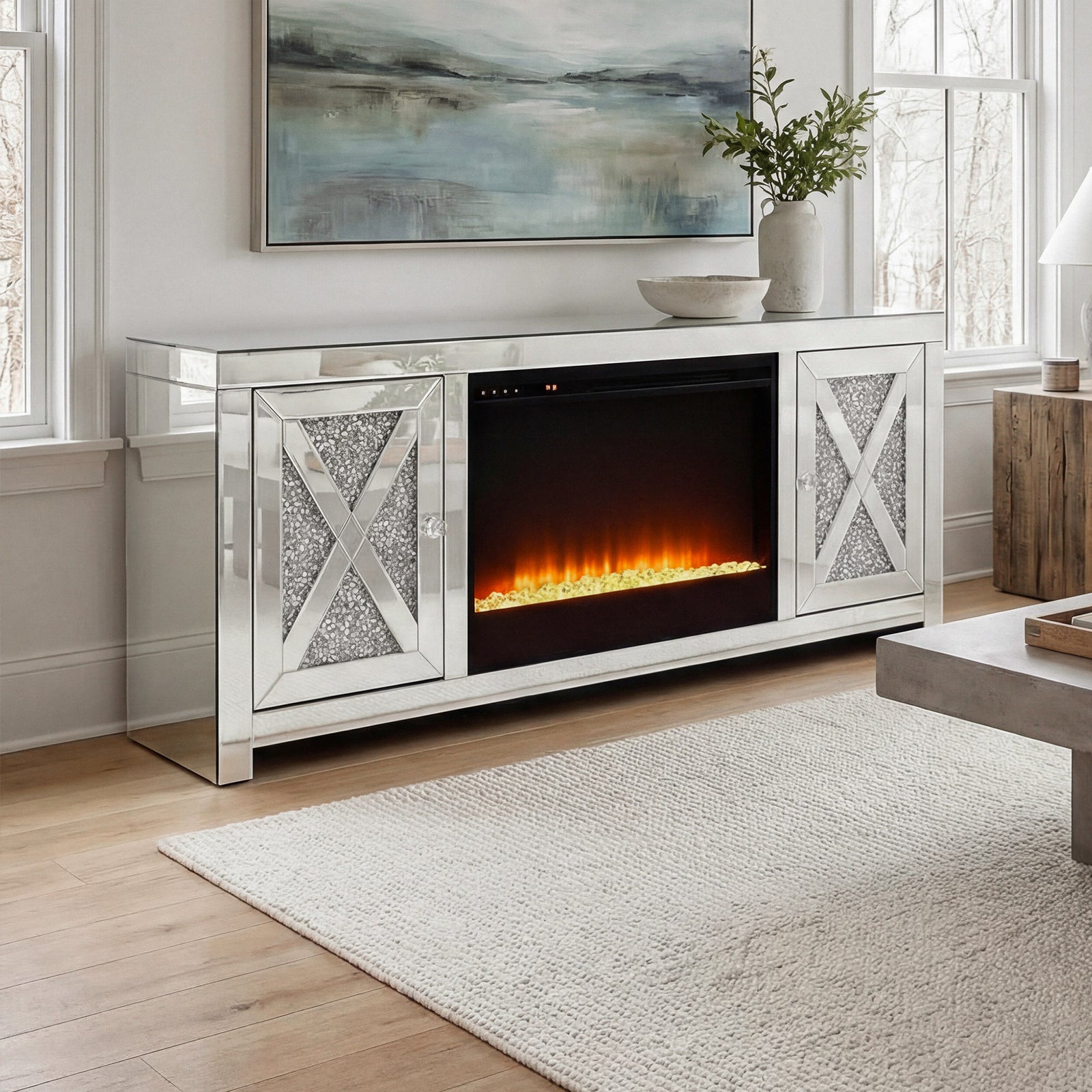 59 In.Crystal Mirrored Tv Stand With Crystal Insert Fireplace Clear Finish - FURNITURE by Joshua Marshal