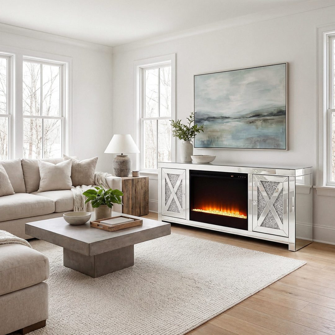 59 In.Crystal Mirrored Tv Stand With Crystal Insert Fireplace - View 2 - Joshua Marshal