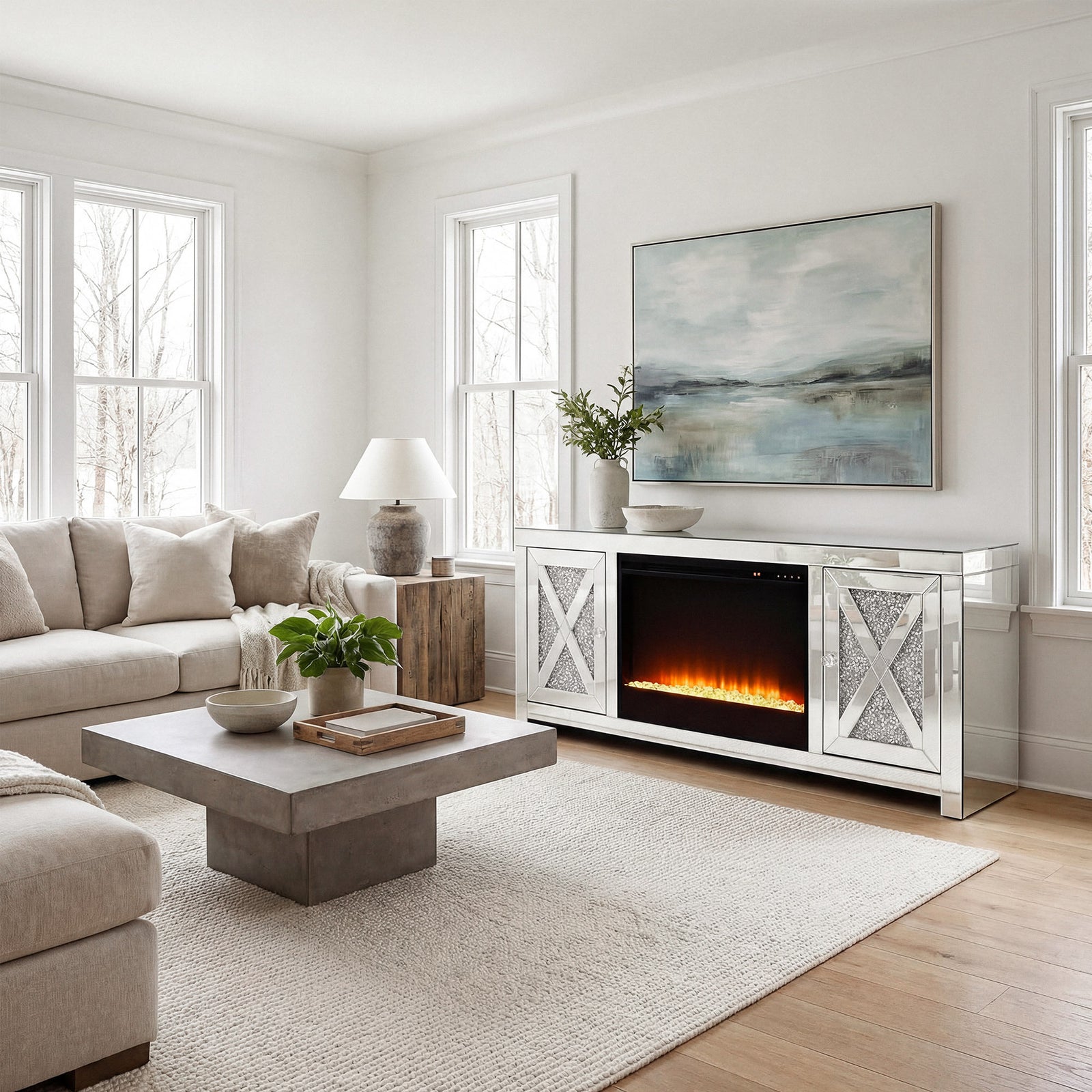 59 In.Crystal Mirrored Tv Stand With Crystal Insert Fireplace - View 2 - Joshua Marshal