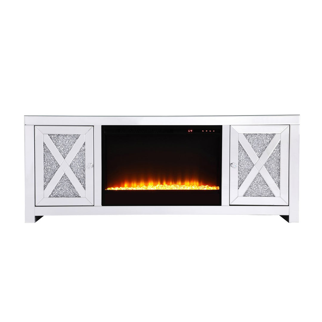 59 In.Crystal Mirrored Tv Stand With Crystal Insert Fireplace - View 3 - Joshua Marshal