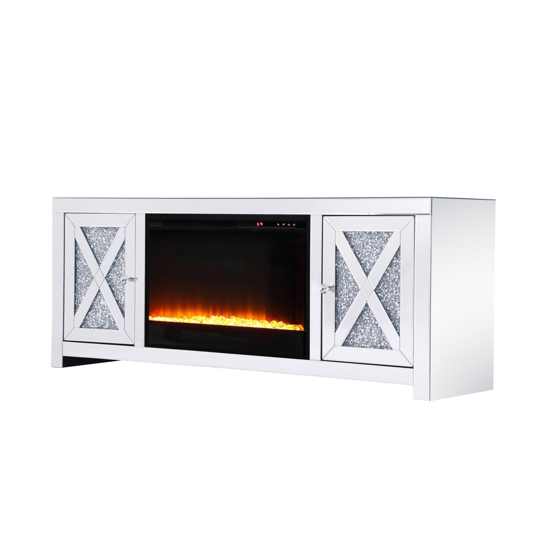 59 In.Crystal Mirrored Tv Stand With Crystal Insert Fireplace - View 4 - Joshua Marshal