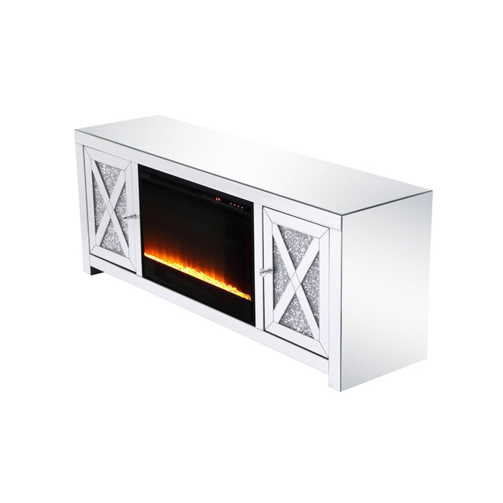 59 In.Crystal Mirrored Tv Stand With Crystal Insert Fireplace - View 5 - Joshua Marshal