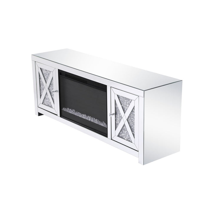59 In.Crystal Mirrored Tv Stand With Crystal Insert Fireplace - View 6 - Joshua Marshal