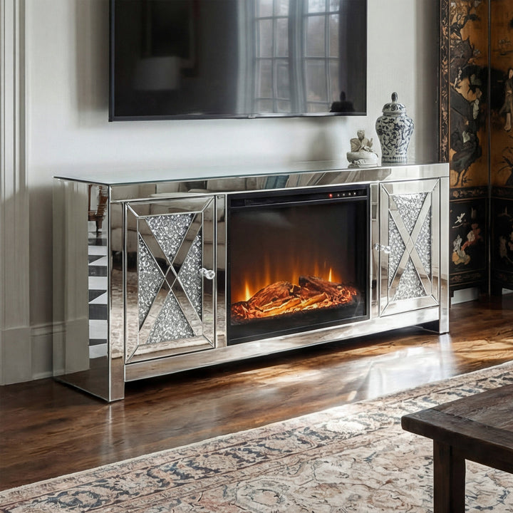 59 In. Crystal Mirrored Tv Stand With Wood Log Insert Fireplace Clear Finish - FURNITURE by Joshua Marshal