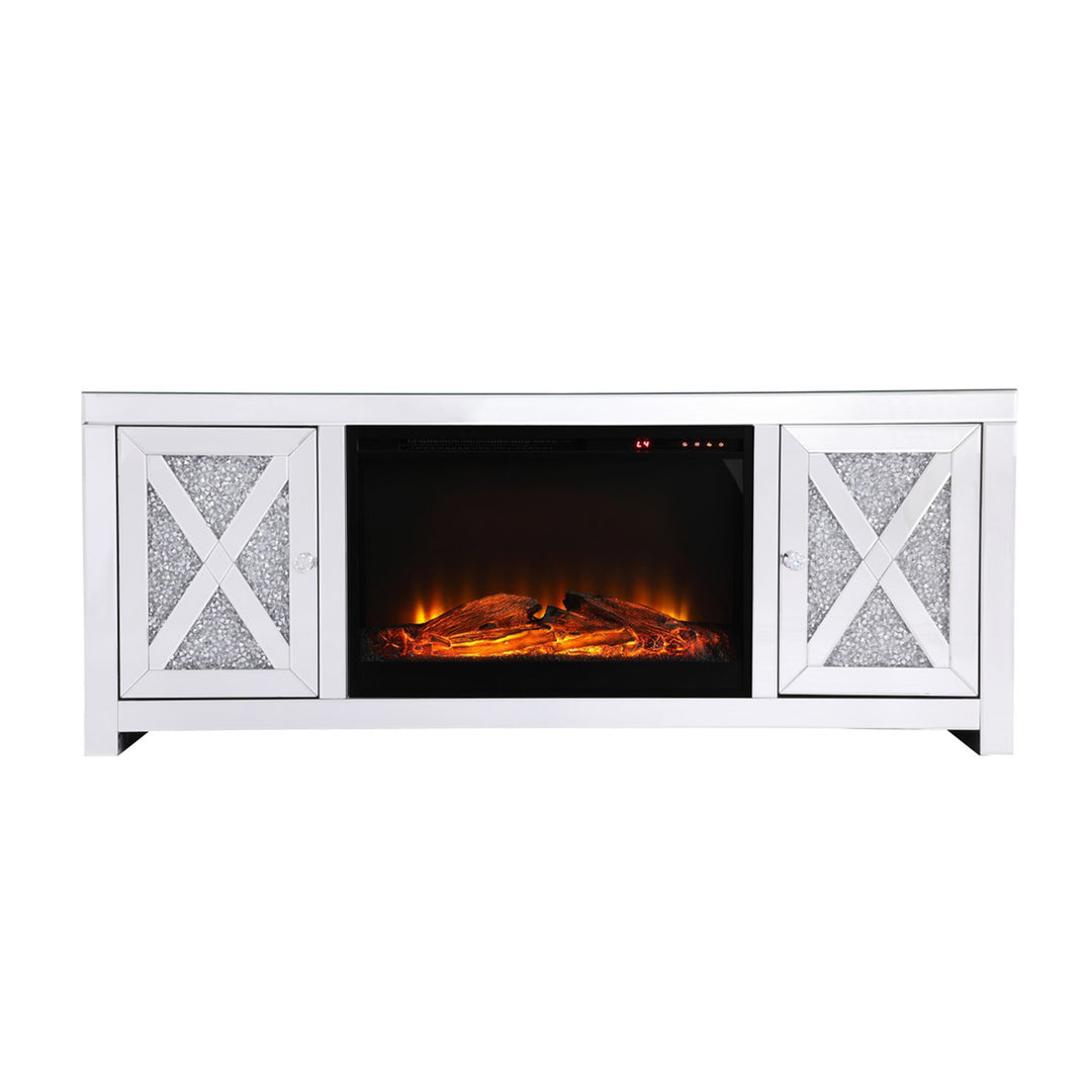 59 In. Crystal Mirrored Tv Stand With Wood Log Insert Fireplace - View 3 - Joshua Marshal