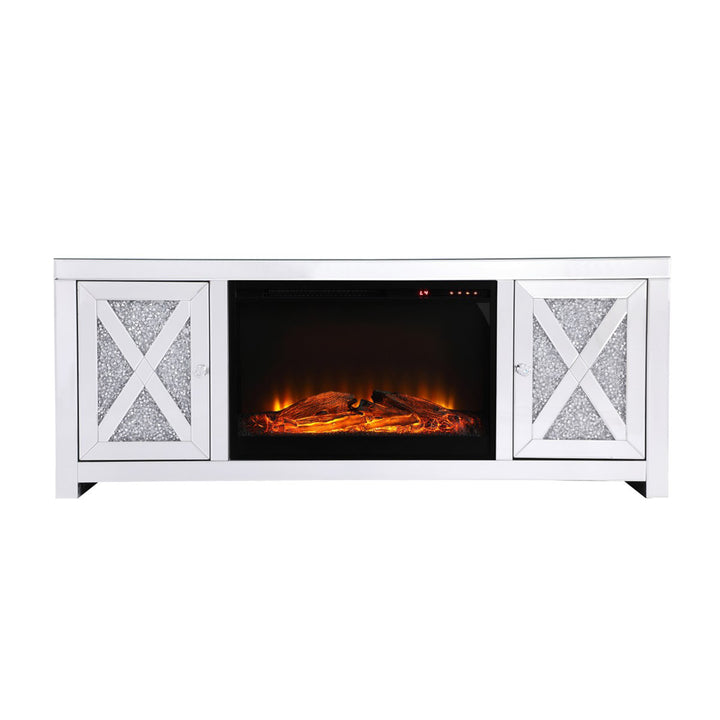 59 In. Crystal Mirrored Tv Stand With Wood Log Insert Fireplace - View 3 - Joshua Marshal