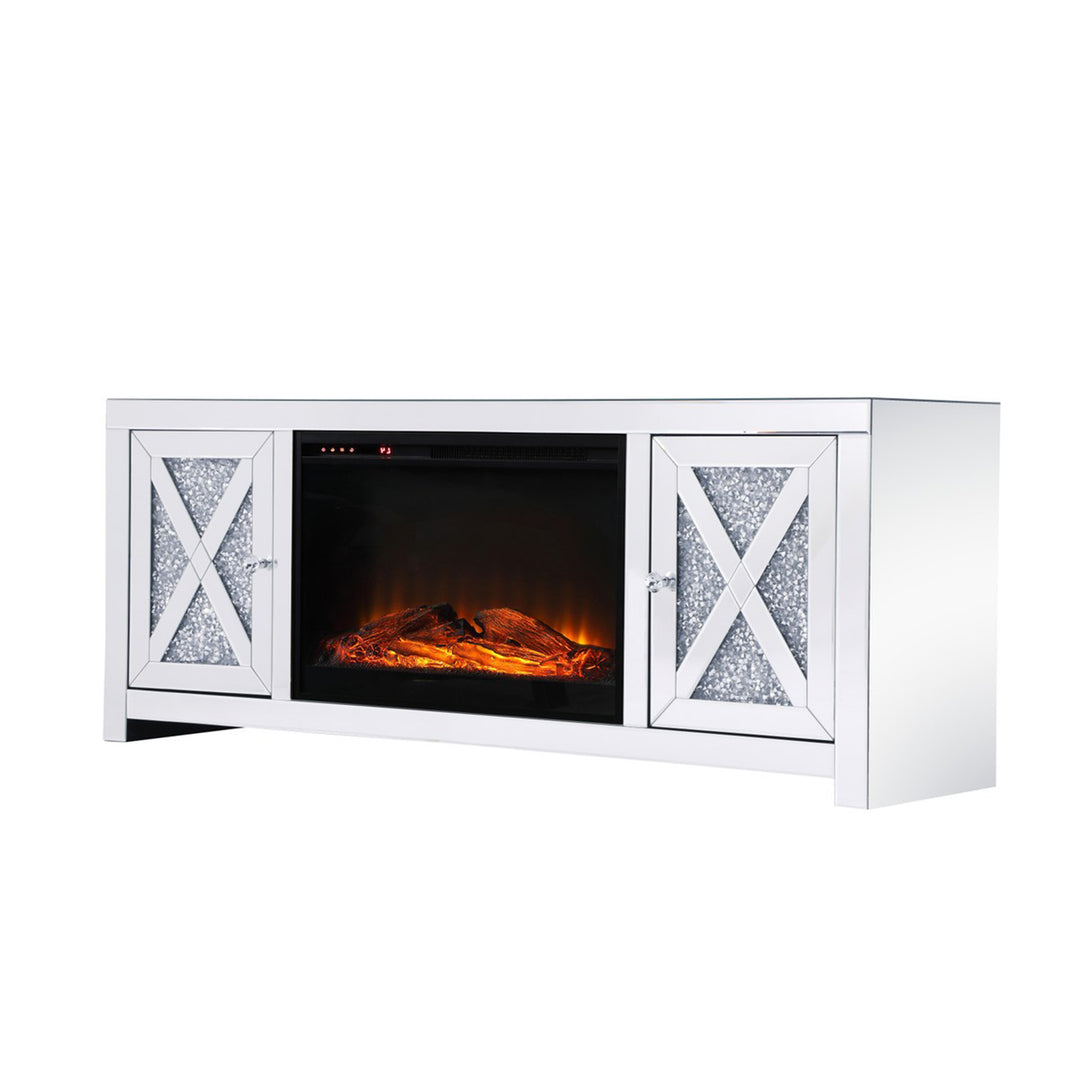 59 In. Crystal Mirrored Tv Stand With Wood Log Insert Fireplace - View 4 - Joshua Marshal