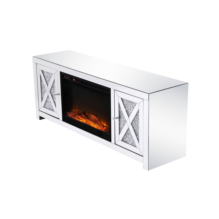 59 In. Crystal Mirrored Tv Stand With Wood Log Insert Fireplace - View 5 - Joshua Marshal