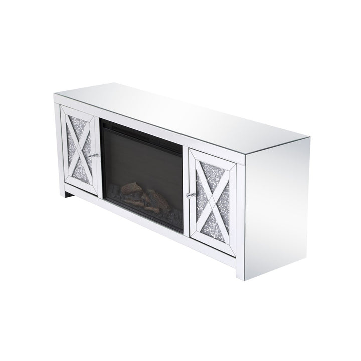 59 In. Crystal Mirrored Tv Stand With Wood Log Insert Fireplace - View 6 - Joshua Marshal