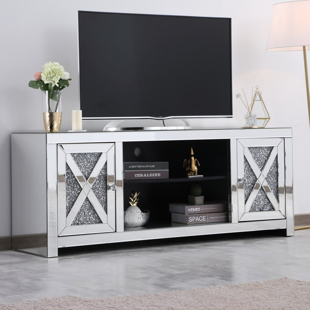 59 In. Crystal Mirrored Tv Stand Clear Finish - FURNITURE by Joshua Marshal