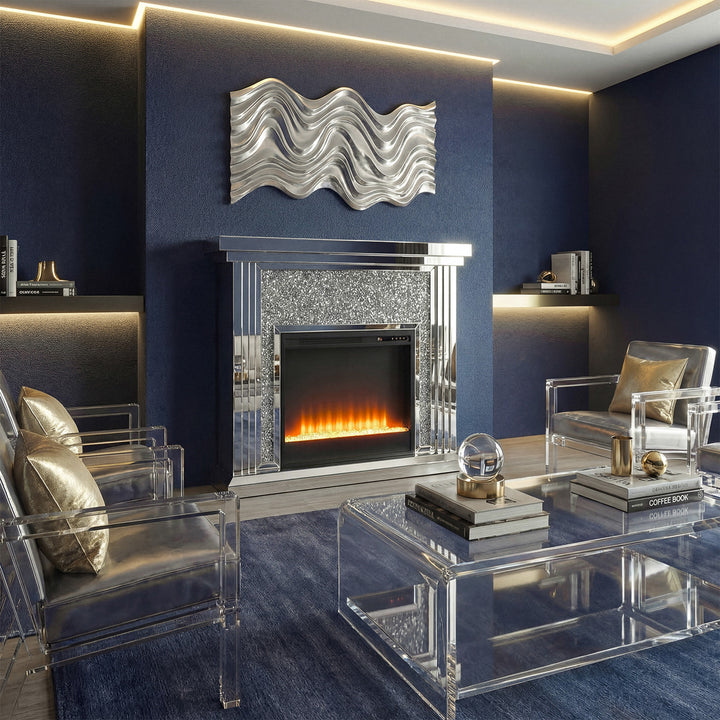 47.5 In. Crystal Mirrored Mantle With Crystal Insert Fireplace Clear Finish - DECOR by Joshua Marshal