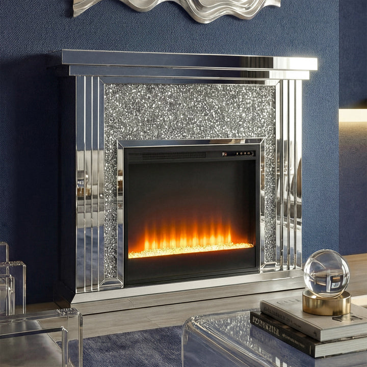 47.5 In. Crystal Mirrored Mantle With Crystal Insert Fireplace - View 2 - Joshua Marshal