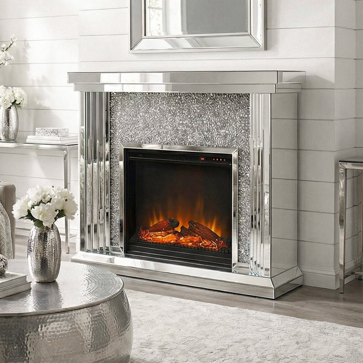 47.5 In. Crystal Mirrored Mantle With Wood Log Insert Fireplace Clear Finish - DECOR by Joshua Marshal